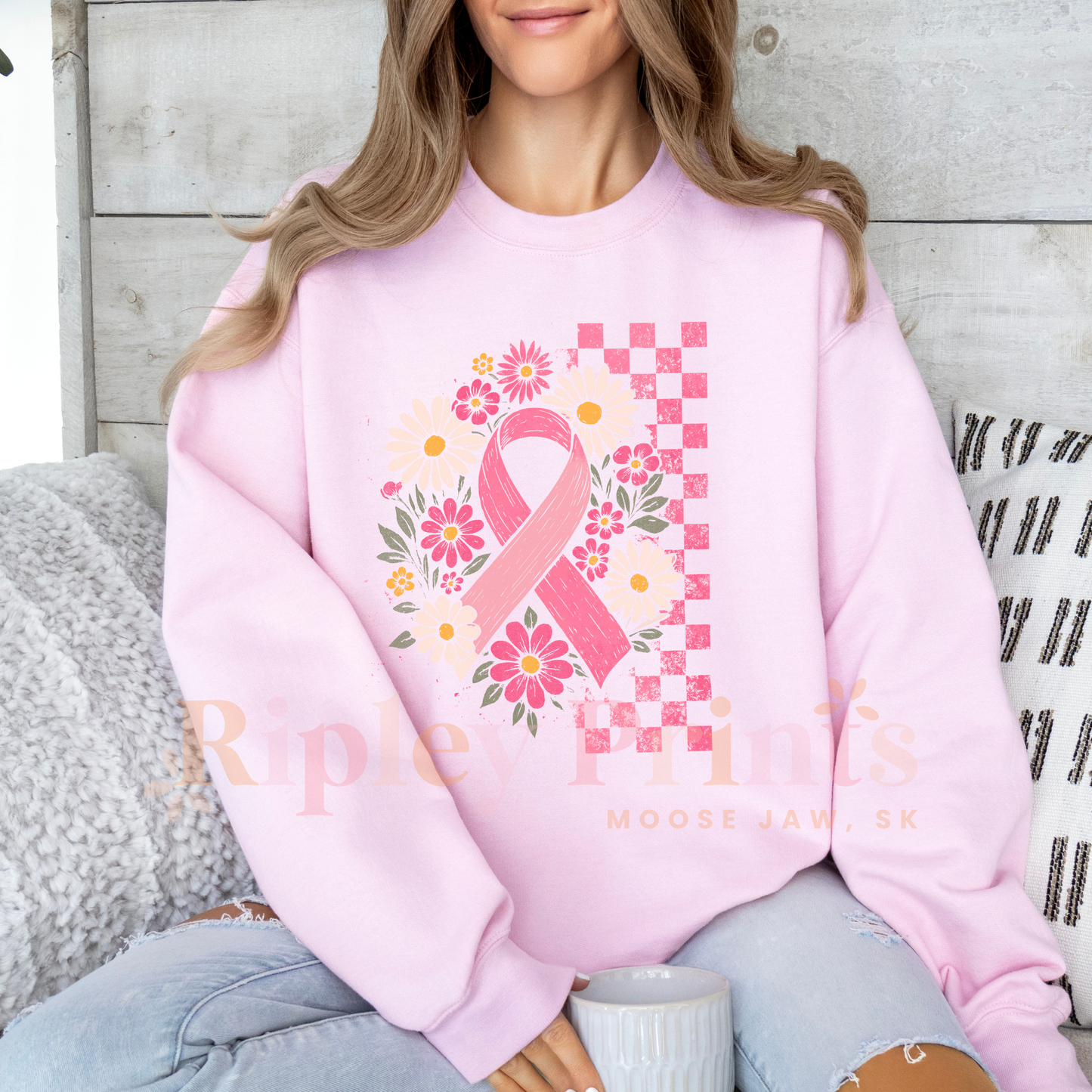 Plaid Breast Cancer Ribbon Crewneck