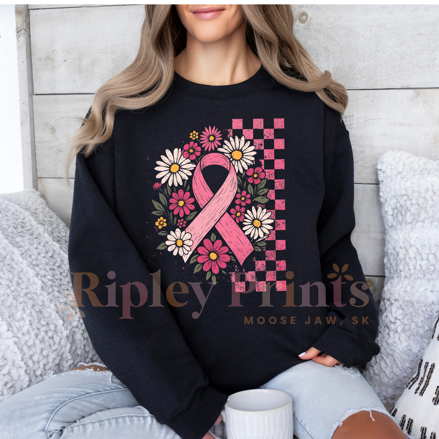 Plaid Breast Cancer Ribbon Crewneck