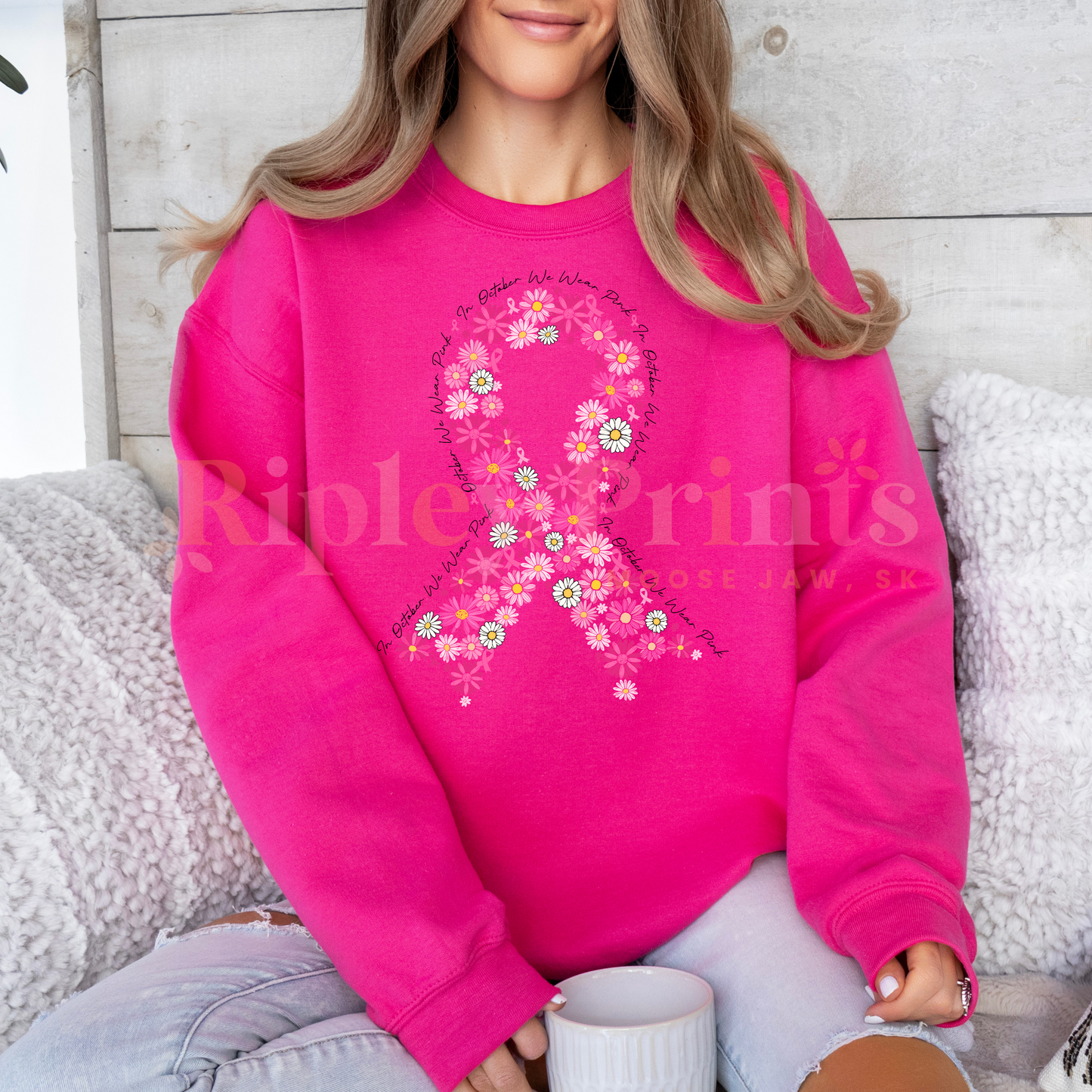 Breast Cancer Awareness Floral Ribbon Crewneck