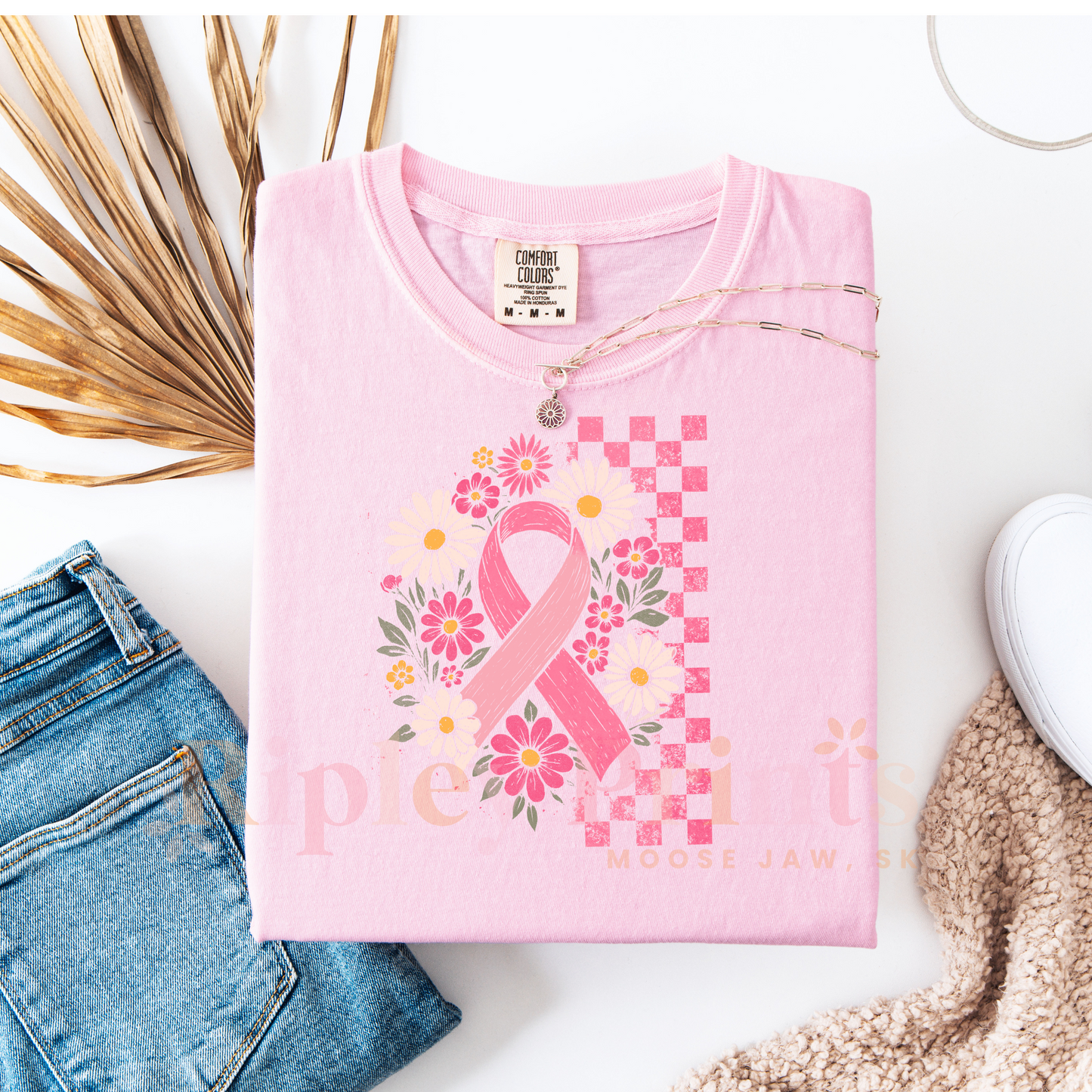 Plaid Breast Cancer Ribbon T shirt
