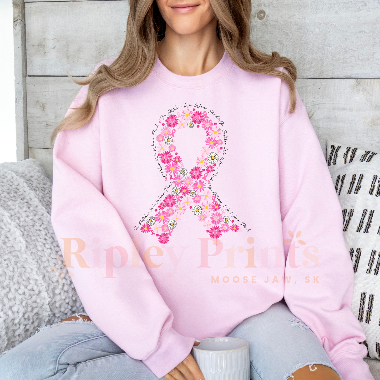 Breast Cancer Awareness Floral Ribbon Crewneck