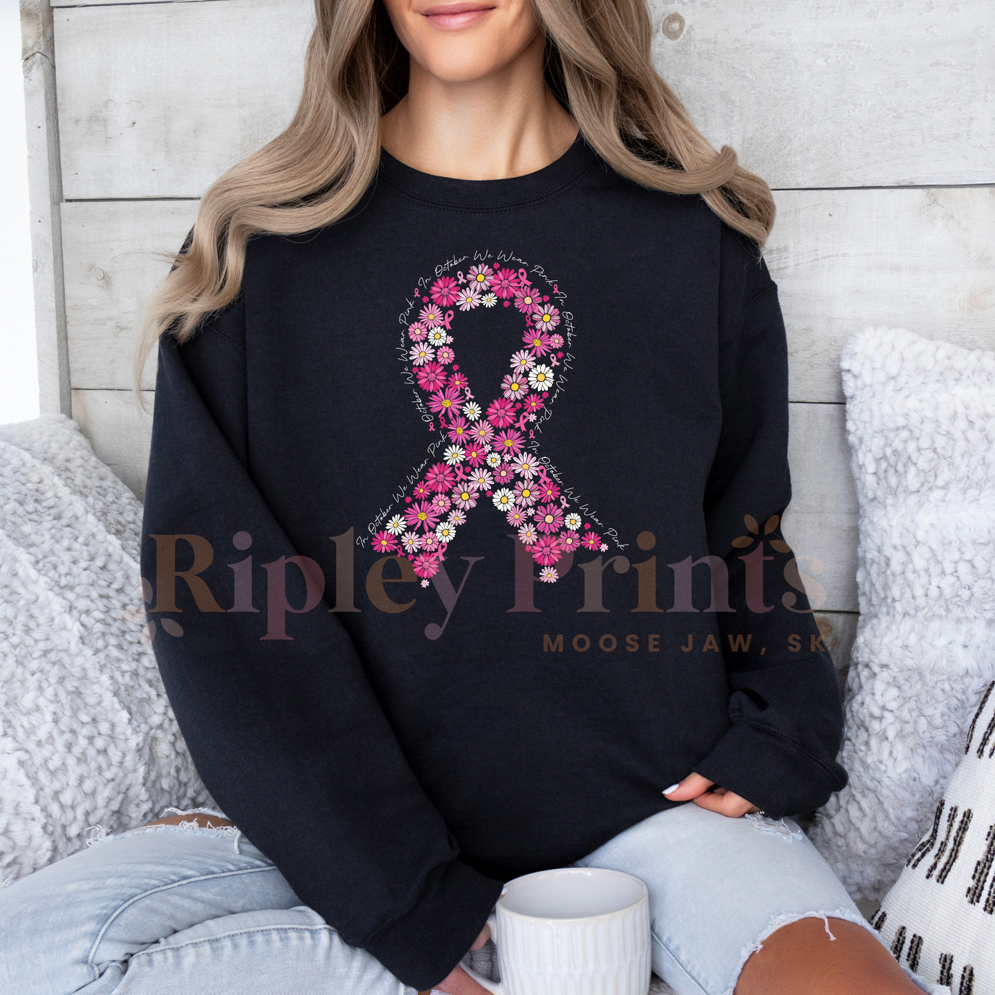 Breast Cancer Awareness Floral Ribbon Crewneck
